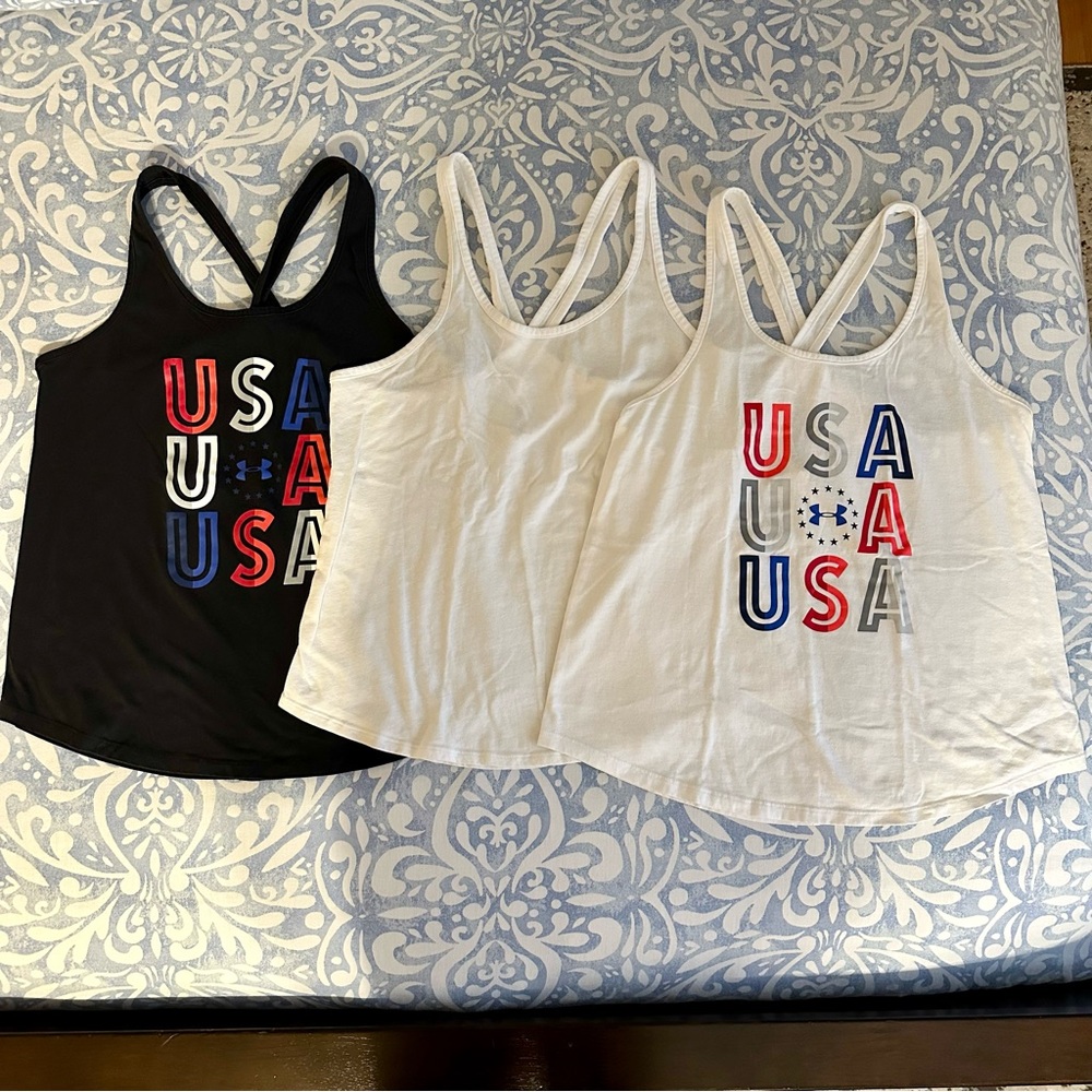 Set of 3 Under Armour Heat Gear USA Graphic Tank Tops - Black and White